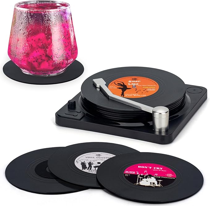 Valdivia Funny Retro Vinyl Record Coasters with Player, 6 Pcs Music Coasters for Drinks, Bars, Party, Birthday Gifts for Music Lovers, Home Decor Housewarming and White Elephant Gifts Ideas