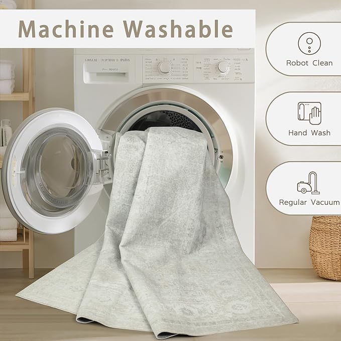 Srugn Washable Rugs 8x10 Area Rugs for Living Room,Bedroom,Dining Room- Large Ultra Soft Faux Wool Retro Carpets,Non Slip&Non-Shedding Low Pile Vintage Carpet for Home Office,Concrete Grey