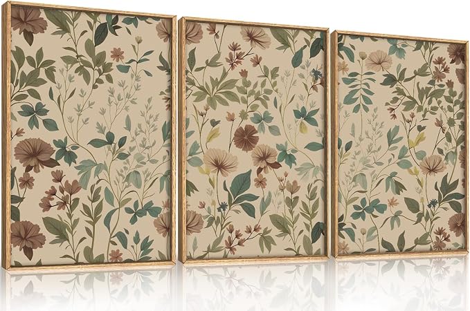 Vintage William Morris Botanical Wildflower Framed Canvas Wall Art Set,Minimalist Neutral Taupe Muted Floral Wall Decor,Boho Nature Botanical Artwork for Living Room,Bedroom,Farmhouse-16"x24"x3