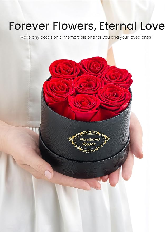 Beaulasting Long Lasting Preserved Roses in a Box Last a Year Forever Flowers for Her Mom Wife Anniversary Birthday (Round Black Box)