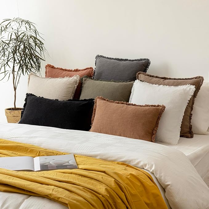 Foindtower Set of 2 Decorative Linen Fringe Throw Pillow Covers Cozy Boho Farmhouse Cushion Cover with Tassels Soft Accent Pillowcase for Couch Sofa Bed Living Room Home Decor, 26×26 Inch, Gray