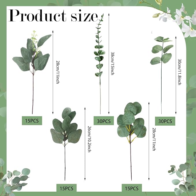 120 Pcs 6 Kinds Mixed Eucalyptus Leaves Stems Bulk Artificial Greenery Plants Fake Silver Dollar Eucalyptus Bundle Faux Plants Greenery for DIY Bouquets Floral Arrangement Wedding Engagement Decor