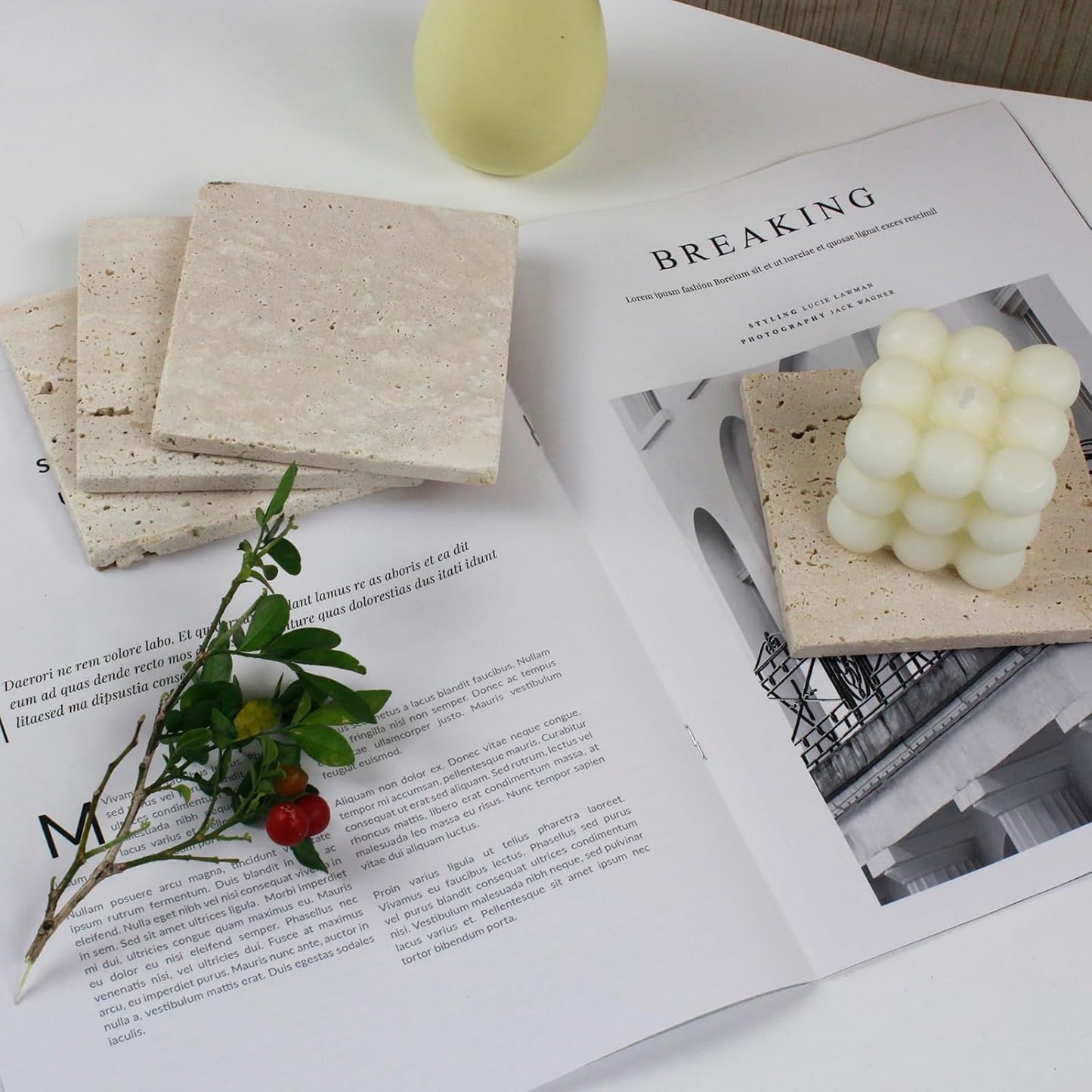 Marble Coasters – Set of 4 –Beige Travertine Bar Coasters for Drinks, Coffee –Stone Holder for Home Décor, Housewarming Gifts (Square)