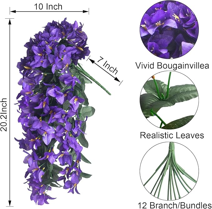 Grunyia 4 Pack Artificial Bougainvillea Hanging Basket Flowers – UV Resistant Fake Flowers with Silk Petals, Realistic Trailing Plants for Outdoor Indoor Wall Garden Home Wedding Decor (Purple)