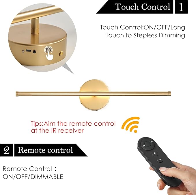 KARTOOSH Battery Operated Wall Sconces, Dimmable Wall Sconces Set of Two, 350°Rotate, 3000K LED Gold Wireless Wall Light for Living Room, Bedroom, Hallway, 20.4 Inch (2 Pack)