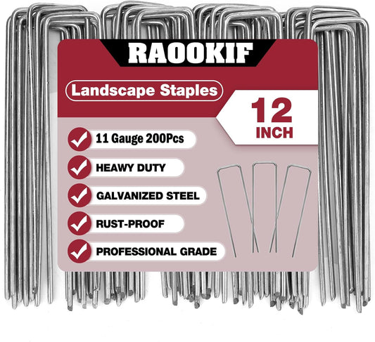 RAOOKIF 12 Inch Galvanized Garden Landscape Staples Stakes, 200Pcs Garden Metal Stakes, 11 Gauge Heavy Duty Ground Stakes for Decoration, Fence Stakes Lawn Stake, Fabric Pins