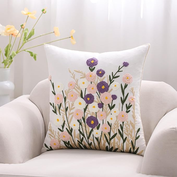 Spring Floral Pillow Covers 18x18 Inch Set of 2 Cotton Embroidery Farmhouse Throw Pillow Cover Outdoor Garden Cushion Case Summer Decorations for Home (Purple and Pink Flower,18"x18")