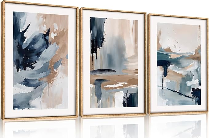 Aryroi Abstract Navy Blue Framed Canvas Wall Art Set,Neutral Brush Stroke Wall Decor,Watercolor Pastel Brown Artwork,Modern Minimalist Color Block Art Print For Living Room,Bedroom,Office-24 x36 x3
