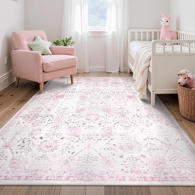 Lahome Flavie Nursery Rug 5x7, Soft Kids Rugs for Cozy Bedroom, Washable Boho Purple Carpet for Toddlers Girls Room, Non Shedding Non Slip Pastel Floral Print Thin Simple Carpets