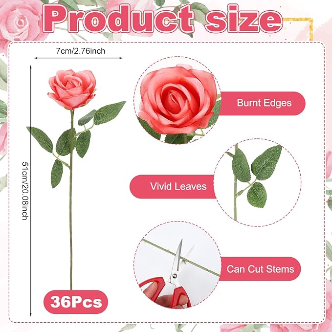 36 Pcs Deep Pink Artificial Roses with Long Stems, Fake Silk Rose Artificial Flowers Bulk for Bridal Wedding Bouquet Centerpiece Ball Arrangement Party Decor