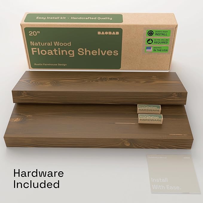 Solid Wood Floating Shelves for Wall 20 Inch Walnut, Wooden Bathroom Shelf | Real Wood, 20 Inches Wide, Heavy Duty, Wall Mounted, Kitchen Bedroom, Rustic Farmhouse, Walnut Finish, 20W × 6.7D, Set of 2