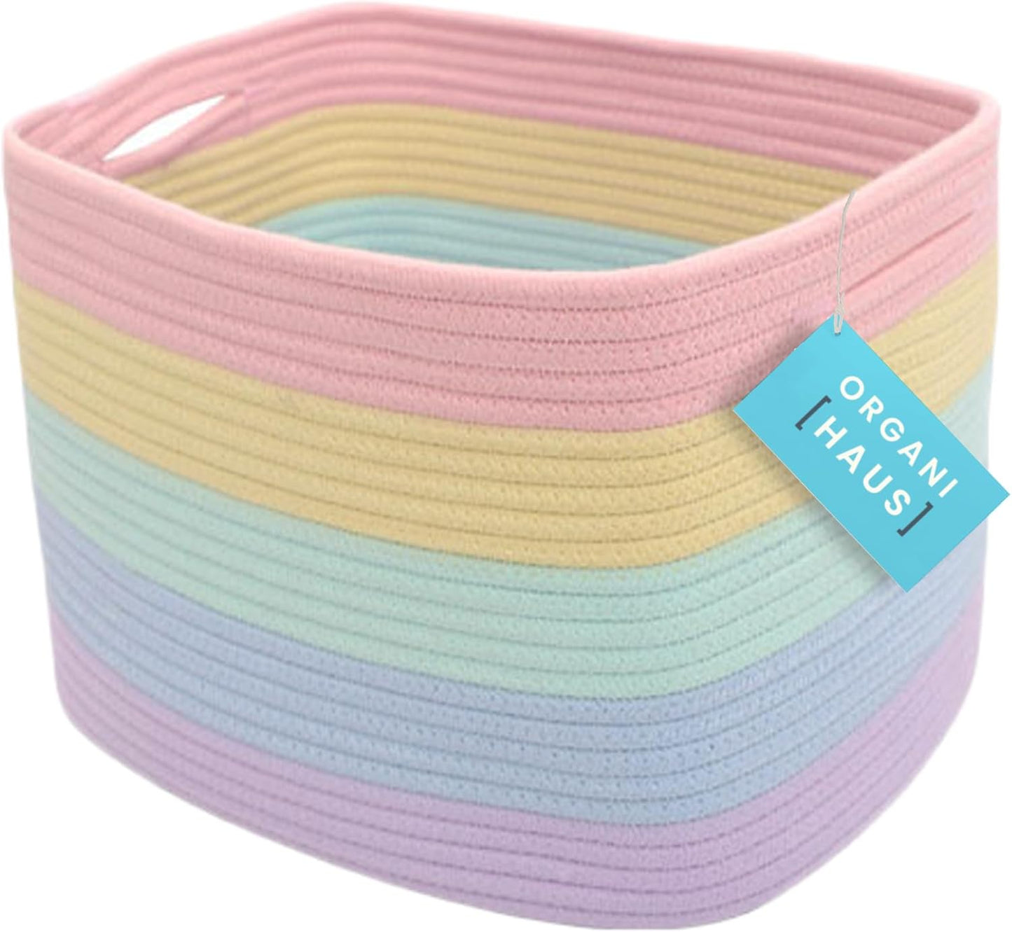 OrganiHaus Rainbow Woven Storage Baskets for Organizing, Cotton Rope Organizer Bins for Shelves, Closet & Nursery, Dog Toy Basket, Decorative Bins for Toys, Towels & Books - 15x10x9