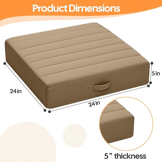 MeMoreCool Square Floor Pillows for Adults Kids, 2 Sets Large Meditation Cushion with 5" Thick Foam and Washable Tufted Cover, 24 Inch Coffee Seat Floor Cushions for Sitting and Yoga