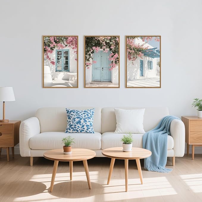 HOURIA Spring Modern Greek Island Cityscape Framed Canvas Wall Art Set,European White House Blue Door Shutter Landscape Wall Decor,Santorini Natural Pink Flower Artwork for Living Room, Bedroom-24"x36"x3