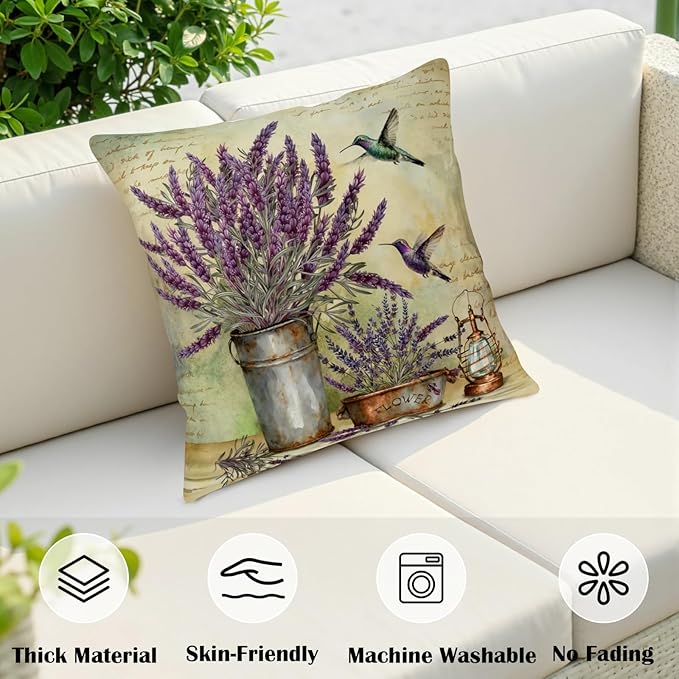 Lavender Pillow Covers Purple Flower Rustic Pillow Covers 18x18 Set of 2 Lavender Hummingbird Pillow Case Spring Vintage Cotton Linen Cushion Case for Garden Farmhouse Patio