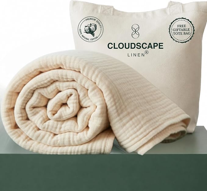 CLOUDSCAPE 4 Layer Muslin Blanket for Adults - 100% Cotton Blankets Twin Size for All-Season - 68"x92" Fits Upto TwinXL Bed - Ultra Soft Lightweight Breathable Cotton Blankets for Summer - Ivory