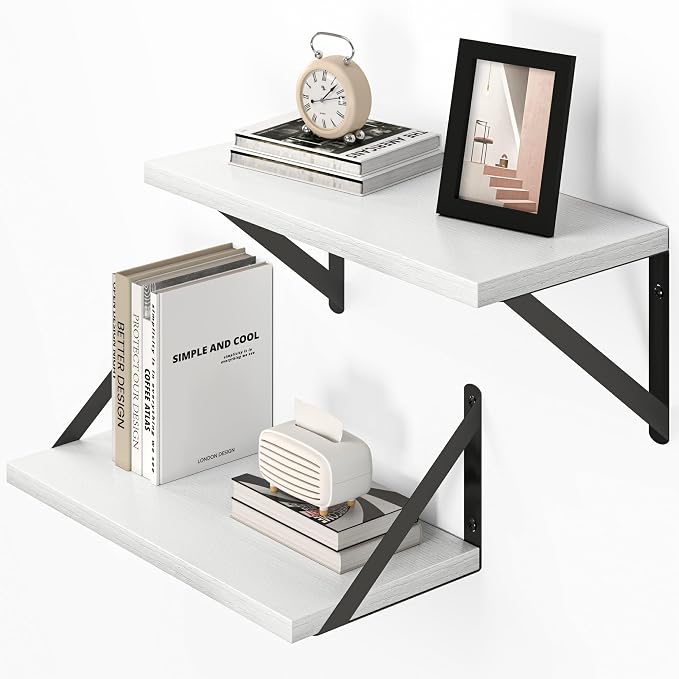 Vivelove White Deep Floating Shelves for Wall, 16W x 8D Wood Wall Shelves Set of 2, Wide Floating Bookshelf for Living Room, Kitchen, Office, Bedroom and Decor Storage, with Black Bracket - White