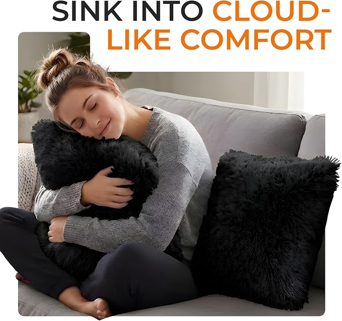Cheer Collection Throw Pillows for Couch and Bed, Soft Shaggy Throw Pillows with Inserts Included, Cozy Long Hair Faux Fur Pillows - Set of 2-18" x 18" - Black