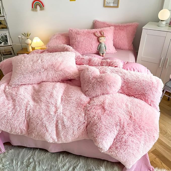 chovy Faux Fur Plush Light Pink Comforter Sets Full/Queen - Ultra Soft Shaggy Flannel Velvet Fluffy Fuzzy 3PC Bedding Set （Comforter x 1 Pillowcases x 2）