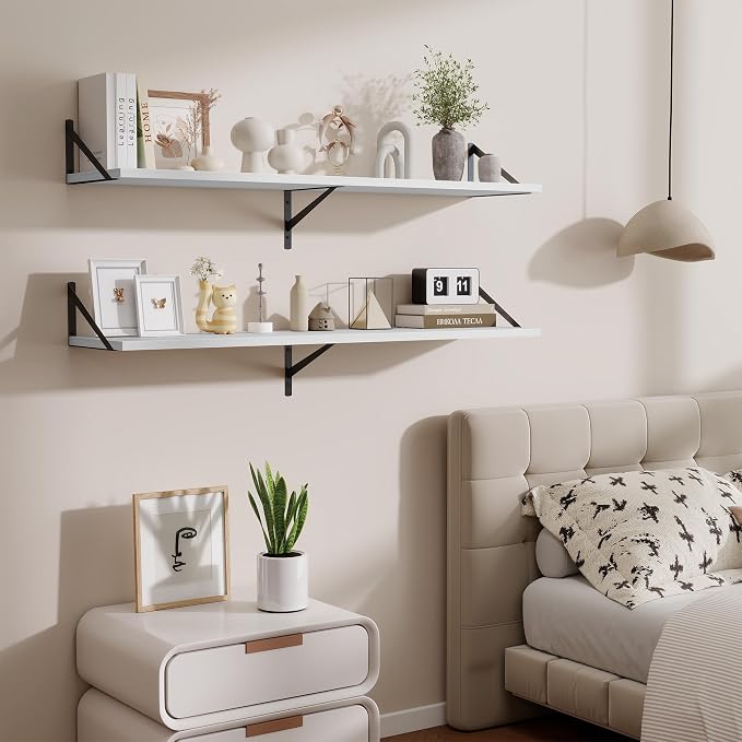 Acovy 48inch Floating Shelves for Wall,10" Deep Floating Shelves with Metal Brackets,Wall Mounted Hanging Floating Shelf,Wide Display Shelves for Living Room,Bedroom,Office,Kitchen,White