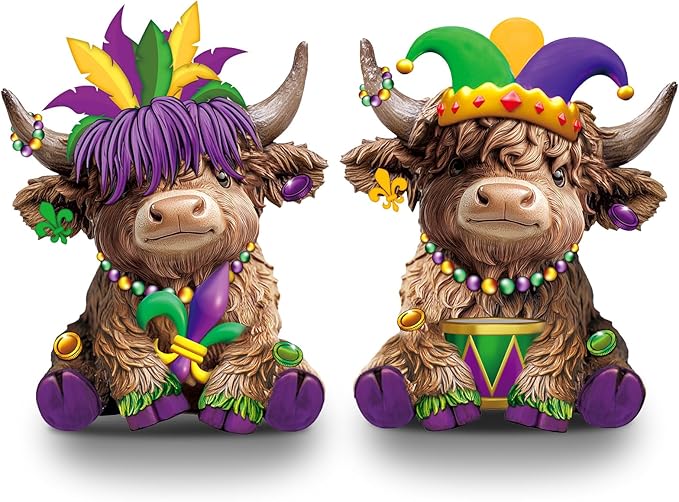 Karenhi 2 Pcs Mardi Gras Highland Cow Figurines, Carnival Feather Mask Beads Scottish Cow Resin Statues Gnomes Gifts for Tiered Tray Table Home Kitchen Office Party Decor