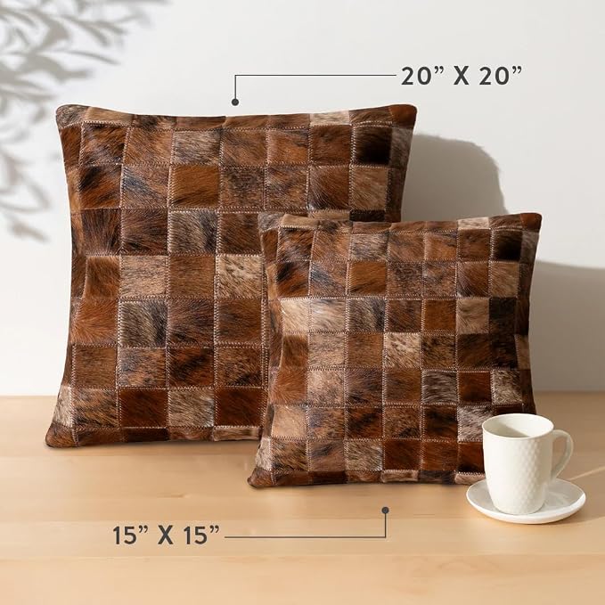 ecowhides 100% Genuine Brazilian Cowhide Patchwork Pillow – Brindle Handcrafted Design – Double-Sided – Luxury Leather Decorative Cushion for Rustic & Western Home Décor – 15” x 15”
