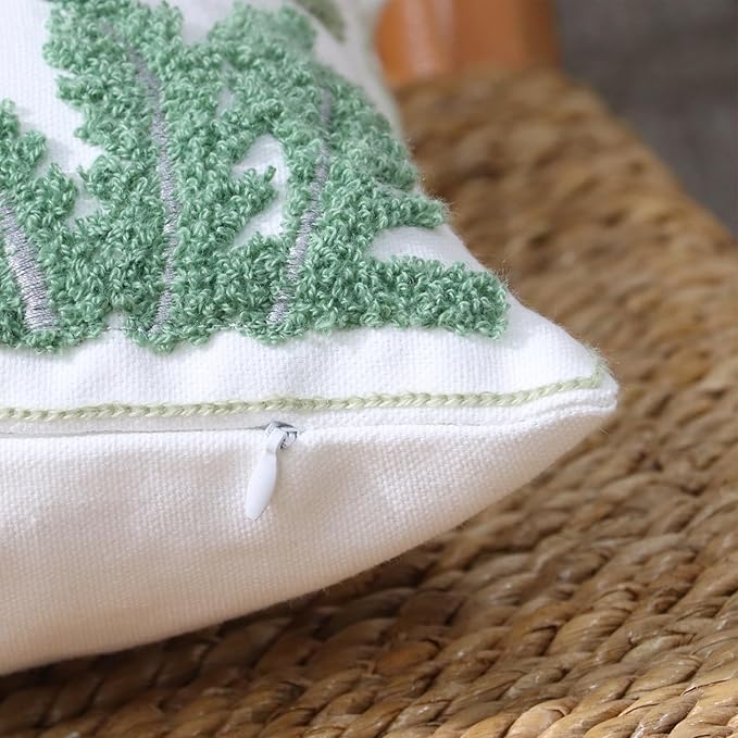 Set of 2 Embroidered Decorative Throw Pillow Covers Couch Square Pillowcases Cushion for Bedroom Sofa Farmhouse Decor 18x18 Inch (Green Maple Leaf)