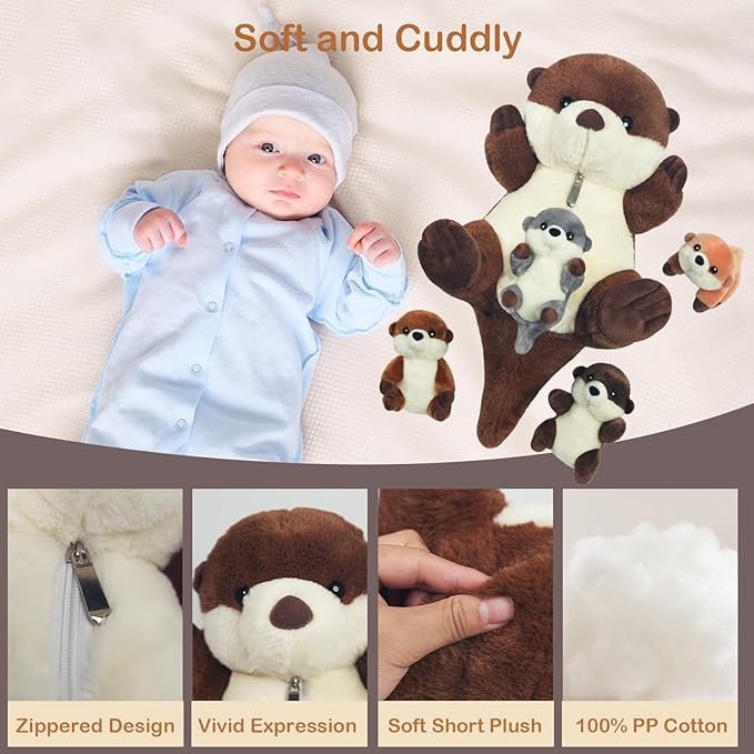 5 PCS Sea Otter Stuffed Animals, Large Mommy Otter Plush with 4 Babies Stuffed Otters Inside, Soft Cuddly Otter Plushies Pillow Toy Gift for Kids Easter Birthday Christmas Ocean Party