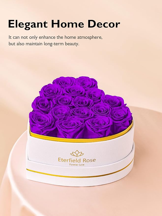 Eterfield 16 Forever Flowers in Heart Shape Box, Preserved Roses That Last a Year Preserved Flowers Birthday Gifts for Her Mom Women Wife Anniversary Valentine's Day Mother's Day, Purple