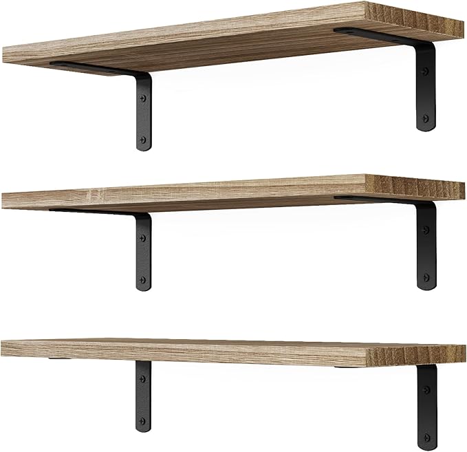 DOLLFIO Floating Shelves, 3 Sets Wall Shelves, Wooden Floating Shelves for Wall Décor, Wall Mounted Floating Bathroom Shelf for Storage, Floating Book Shelf for Bedroom, Living Room – Rustic Brown