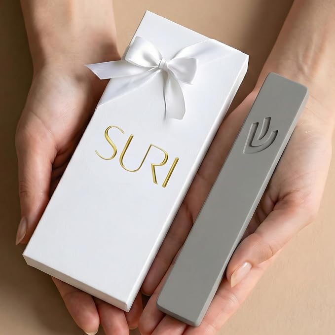 SURI Mezuzah for Door – 4 Inch Light Gray Concrete Mezuzah Case with Non Kosher Scroll, Judaica Entry Design, Fits a 3 Inch Mezuza Scroll, Gift Box Included