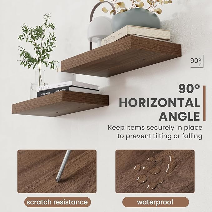 Acovy 48 Inch Floating Shelves, 8 Inch Deep Floating Shelves for Wall, Hanging Shelf with Invisible Brackets, Deep Shelves for Bathroom, Bedroom, Living Room, Walnut, Set of 2