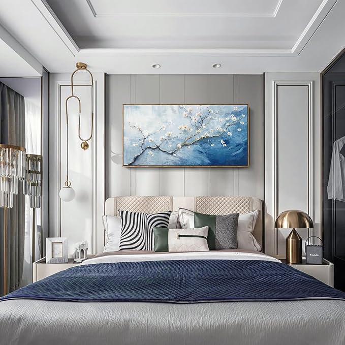 Nicetop Framed Wall Art for Living Room - Large Plum Blossom Canvas Art Prints with Wood Frame - Blue and White Artwork Abstract Ocean Wall Picture Bedroom Office Dining Room Coastal Decor 48x24 Inch
