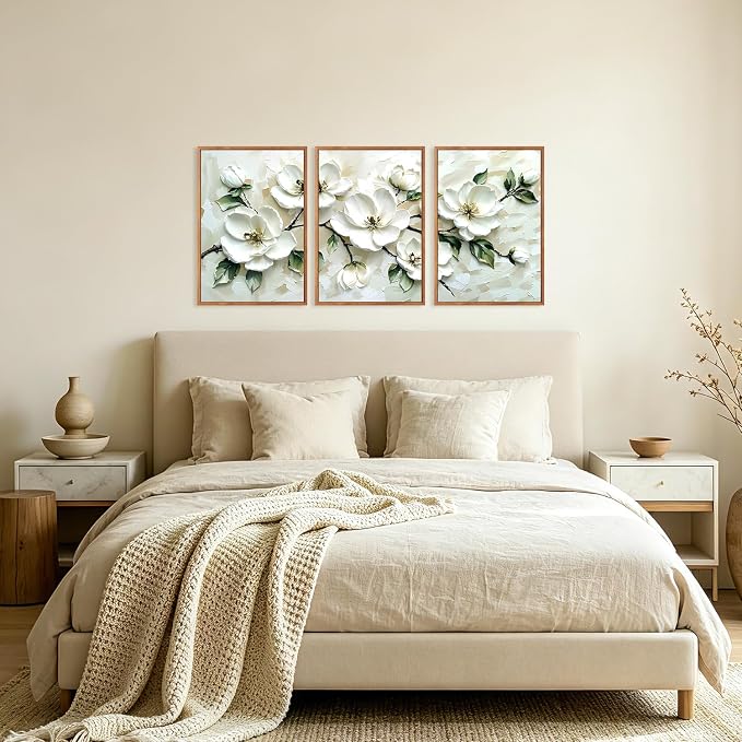 CHDITB 3D Impasto Textured White Magnolia Floral Relief Framed Canvas Wall Art Set, Neutral Beige Minimalist Wall Decor, Modern Texture Art Prints for Living Room Hallway Bedroom Home Decor 16"x24"x3
