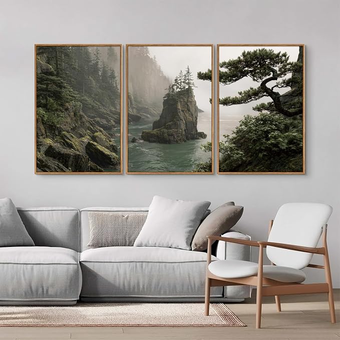 Rantodecor Coastal Forest Framed Canvas Wall Art, Pacific Northwest Coast landscape Wall Decor, Nature PNW Mountain Sea Art Paintings, Sage Green Pine Artwork for Bedroom Living Room Office 16"x24"x3