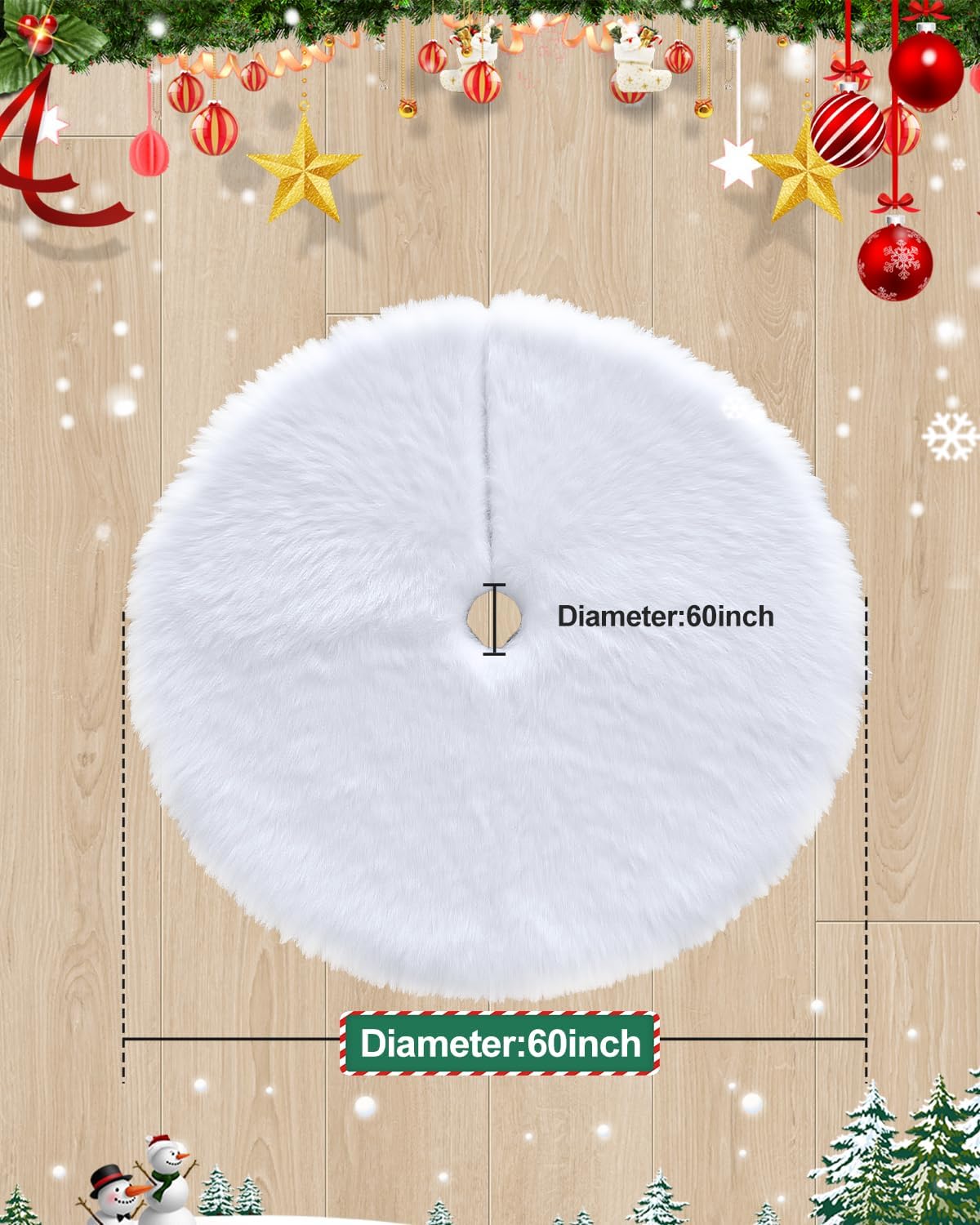 COOLWUFAN 60 Inches Christmas Tree Skirt for Xmas Tree Holiday Party Decorations White Plush (White)