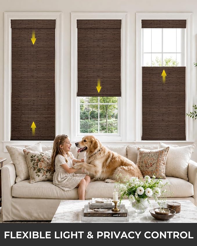 UNISHADES No Drill Cordless Bamboo Roman Shades, 36×64 in, Espresso | Room Darkening Top Down Bottom Up Window Blinds for Indoor Windows