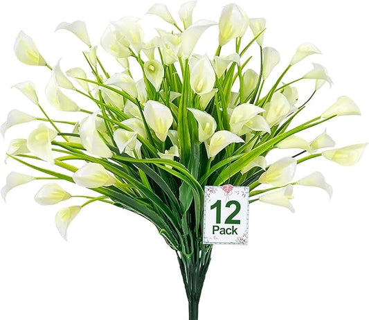 TURNMEON 12 Bundles Calla Lily (240 Heads) Artificial Flowers for Outdoors, Fake Plants UV Resistant Faux Plastic Fake Flowers for Indoor Planter Home Porch Yards Spring Summer Cemetery Decor(White)