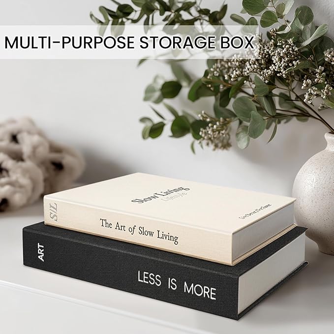 Minimalist Decorative Books - Fake Books Storage Box for Decoration - Set of 2 Linen Coffee Table Decor - Photo Storage Keepsake Box for Room Bookshelf Decor, Black