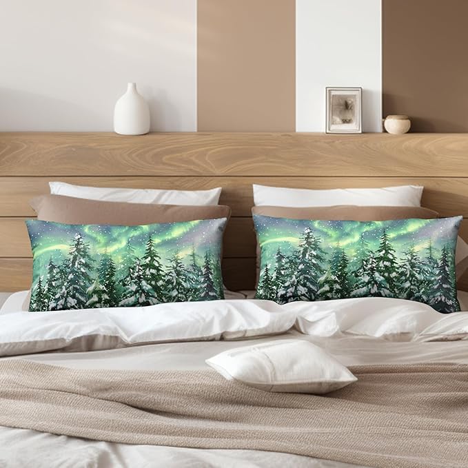 Winter Aurora Lumbar Pillow Covers 12x20 Set of 2 Snowy Pine Tree Throw Pillow Covers Green Polar Light Forest Pillow Case Rectangular Cushion Case for Home Decor Couch Sofa