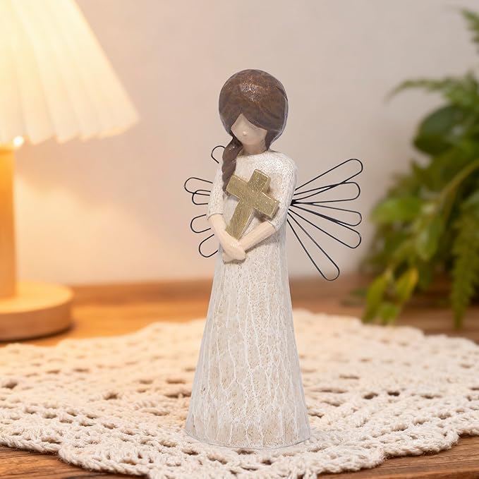 Hodao Angel Figurine with Cross, 5.1" Resin Guardian Angel Ornaments for Home Decorations, Sympathy & Memorial Decor, Indoor Tabletop Religious Figurines, Faith Gift for Women Mom Friends