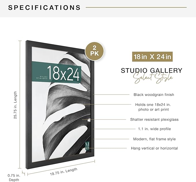 MCS Studio Gallery 18x24 Poster Frame Black Woodgrain Engineered Wood, Vertical & Horizontal Wall Hanging Large Picture Frame for Photos, Posters & Art Prints (2-Pack)