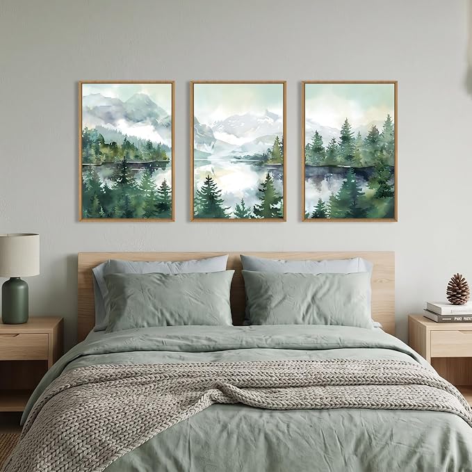 Watercolor Mountain Framed Canvas Wall Art Set,Green Forest Lake Wall Decor,Nature Boho Pine Tree Wall Painting,Foggy Wilderness Landscape Artwork for Living Room,Bedroom,Office-24 x36 x3