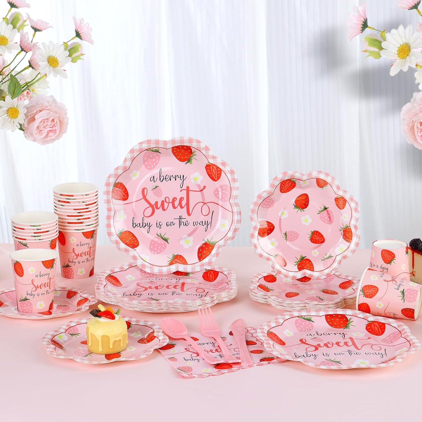 Strawberry Baby Shower Decorations for Girl, Berry Sweet Baby Shower Plates and Cups and Napkins Sets Serves 24, Strawberry Plates, A Berry Sweet Baby Is On The Way Decorations, Girl