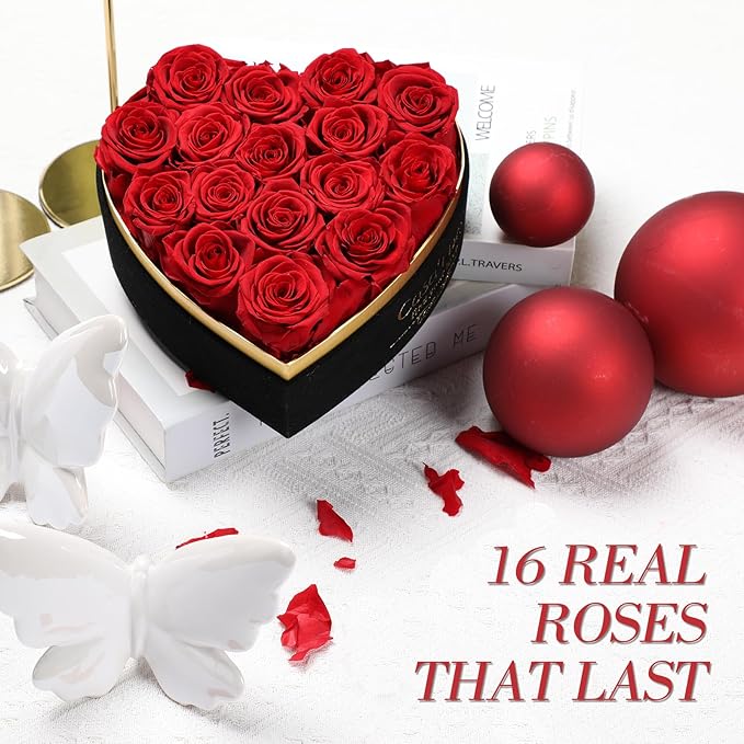 Casaido Preserved Roses Flowers for Delivery 16 Pcs, Mothers Day Rose Gifts for Her, Forever Flores in Heart Box with Necklace, Anniversary Birthday Christmas Vanlentines Gift for Wife Girlfriend, Red