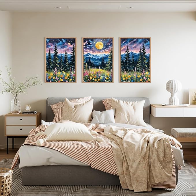 DRACIT Vintage Colorful Mystical Forest Moon Framed Canvas Wall Art Set,Dreamy Moonlit Nature Wilderness Wall Decor,Abstract Midnight Mountain Wildflowers Pine Tree Landscape Artwork for Living Room-24"x36"x3