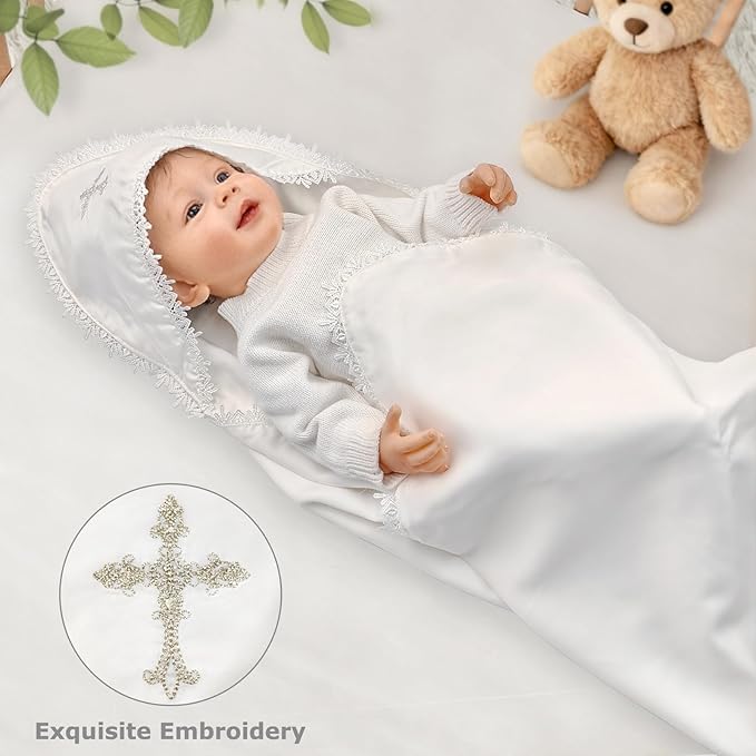 Tencel Christening Baby Blanket – Soft Lyocell Baptism Blanket with Classic Lace Border and Minimal Cross Embroidery, 39.4×39.4 in, Timeless Heirloom Gift for Boys & Girls