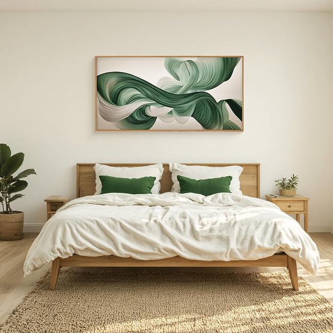 KAIRNE Green Abstract Framed Canvas Wall Art Set,Minimalist Green Lines Wall Decor,Modern Flowing Texture Art Prints,Neutral Smokes Waves Artwork for Living Room,Bedroom,Farmhouse,Office-40 x20 x1