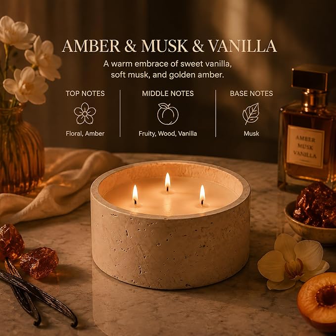3-Wick Scented Candle-Amber & Musk & Vanilla,Soy Coconut Wax Blend Candle with Acacia Wood Lid,21oz Large Candle,45-Hour Long Burning,Aromatherapy Candle for Home Decor