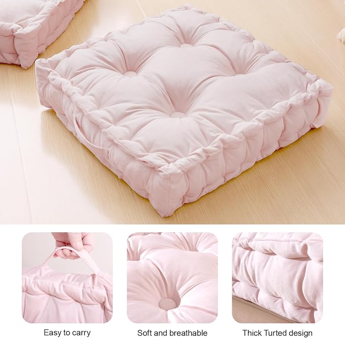 Square Floor Pillows, Large Floor Cushion for Adults Kids, Meditation Floor Pillow Seating Cushion with Shredded Memory Foam and Silk Wadding, 20"x20"x5" Blush 2 Count